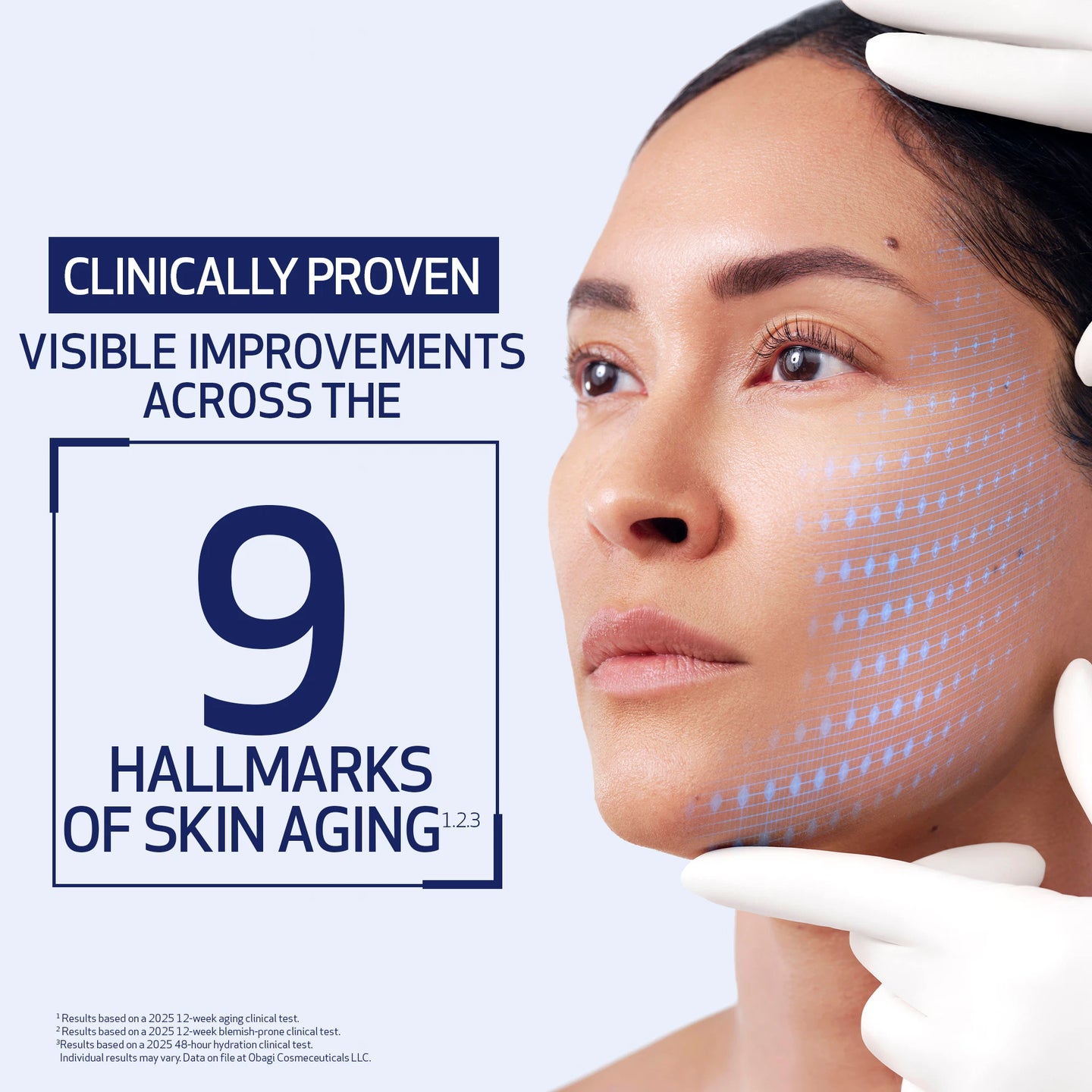 Woman model showing benefits of using Obagi Nu-Gen text reads "Clinically Proven Visible Improvements across the 9 Hallmarks of Skin Aging" - mobile